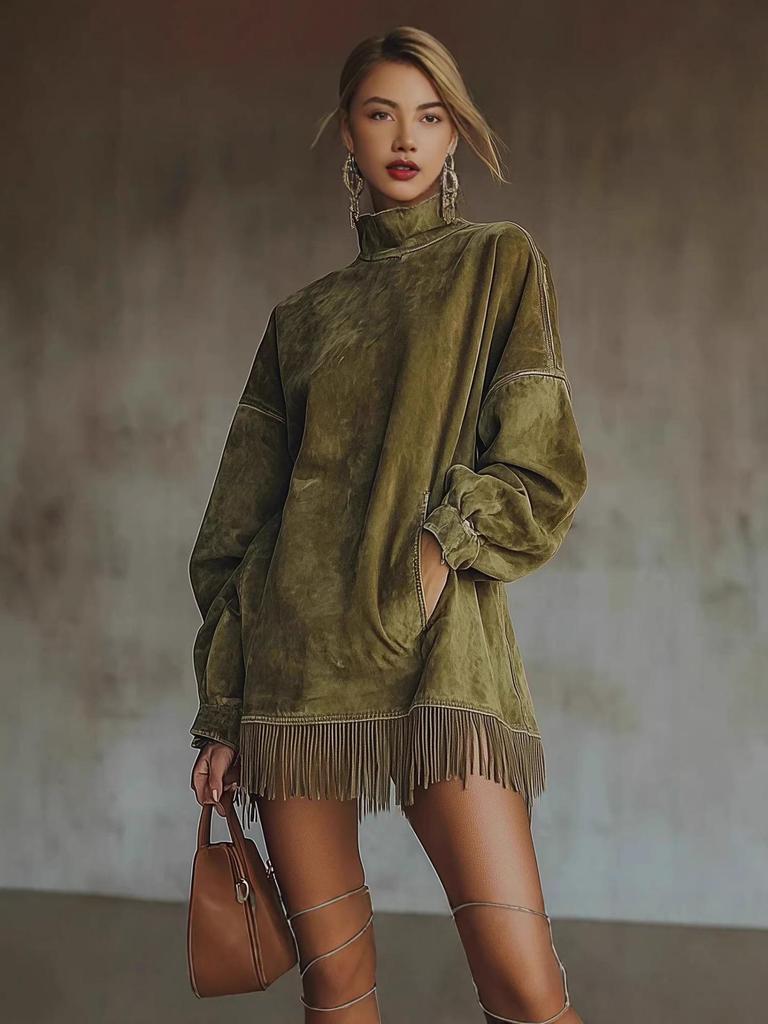 2026 High Neck Loose Suede Dress with Tassels and Pockets