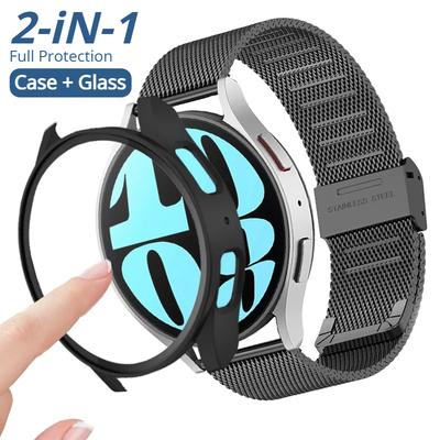 Tempered Glass+PC Cover For Samsung Galaxy Watch 7 6 5 4 44mm 40mm Strap Steel Mesh Band Watch For Watch 5 Pro 45mm Case Cover Bumper