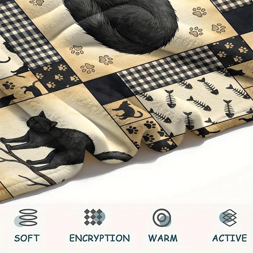 1Pc Patchwork Cat Print Flannel Blanket, High quality Comfortable for All Seasons, Home Decor, Warmth and Comfort, Perfect for Christmas Gifts63
