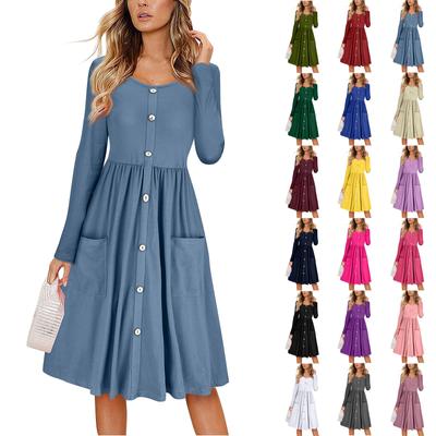 Women's Casual Fashion Sexy Comfortable Sundress Button Long Sleeve Dress With Pockets
