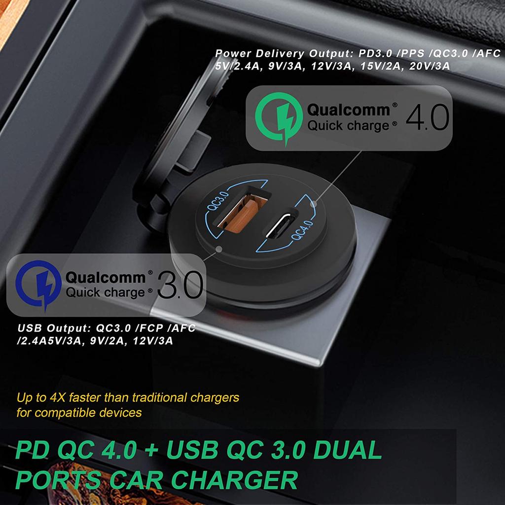 12V 24V USB Outlet Car Power Outlet Socket 60W QC 4.0 PD Type C & 36W Quick Charge 3.0 Car USB Charger Socket for Boat Auto