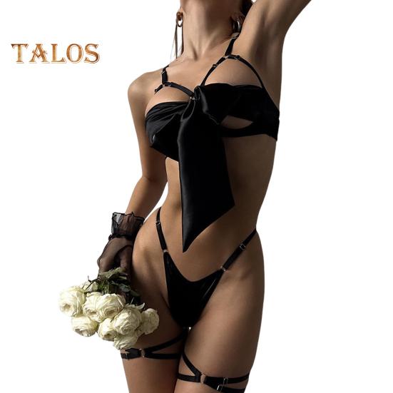 1 Set Women Bra Panties Thigh Ring Set Bow-knot Decor Sleeveless Backless Low-cut Pornographic Romantic Night Nightie Bra Briefs Set Wedding Night