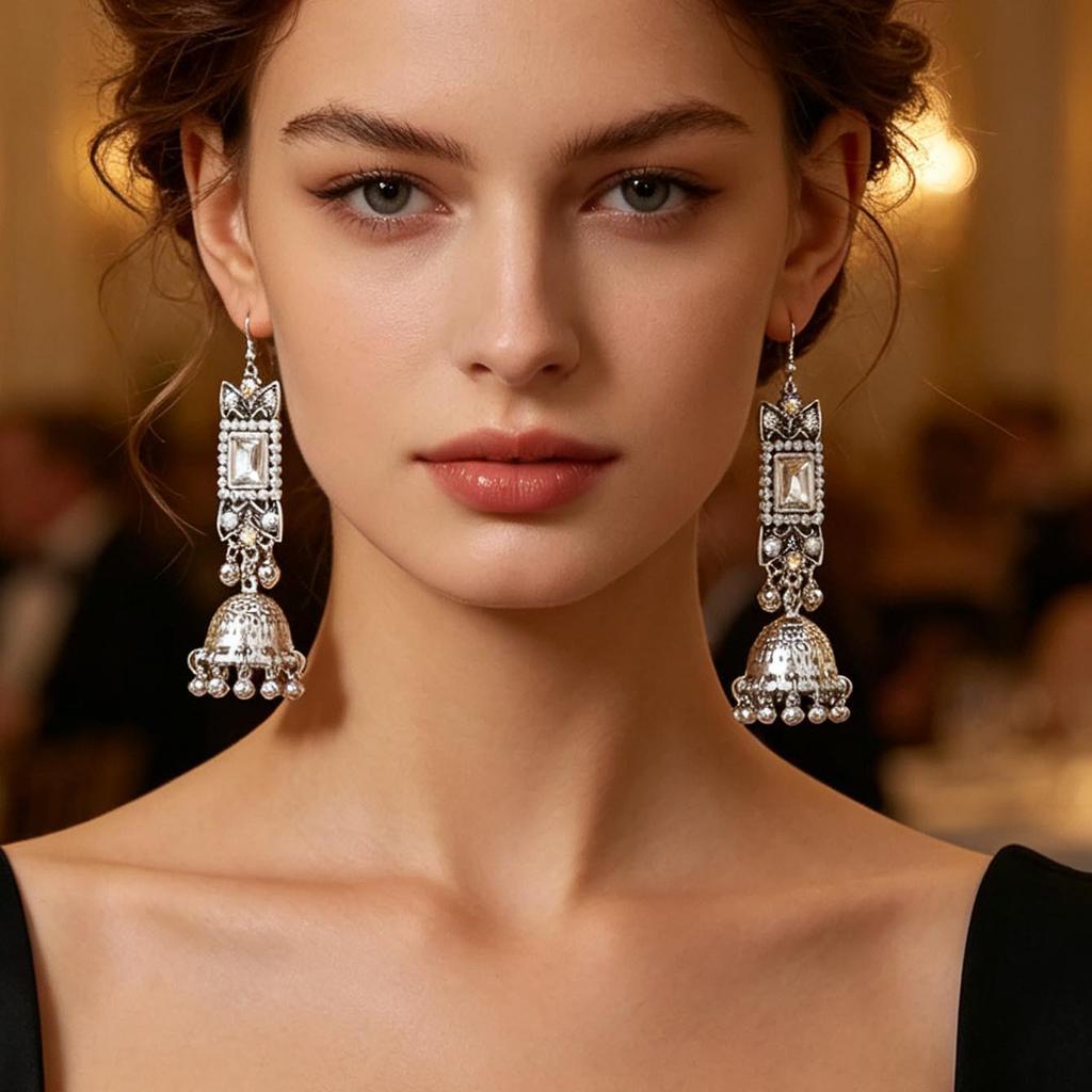 Retro Ethnic Tassel Bell Earrings with Square Rhinestones for Women - Bohemian Fashion Jewelry