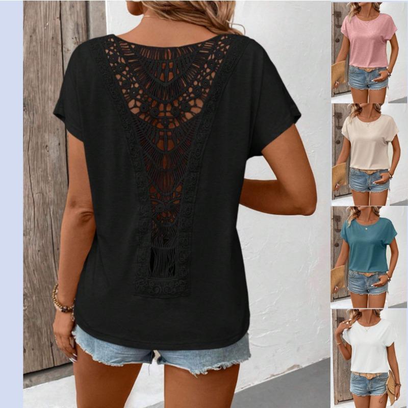 Summer Back Lace Splicing Short Sleeved T-shirt O Neck Loose Office Blouse Women Sweet Hollow Out Solid Color Tops Female Elegant Simple Shirts