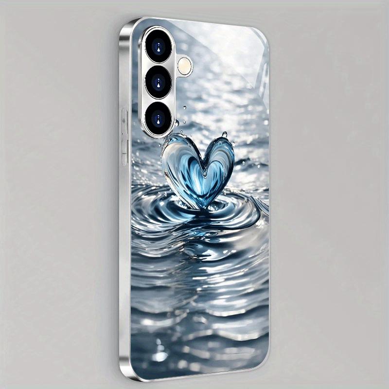Blue heart-shaped design glass phone case suitable for Samsung Galaxy S26 S25 S24 S23 S22 S20 FE Ultra Plus anti drop back cover