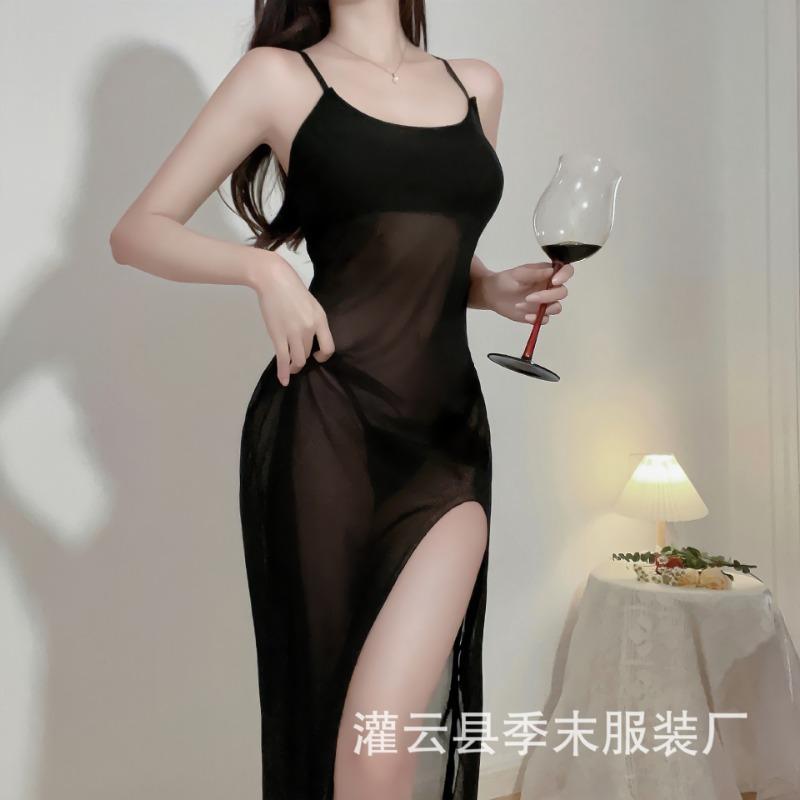 Sexy underwear women's sexy pure desire suspender long dress transparent mesh dress beautiful perspective passion