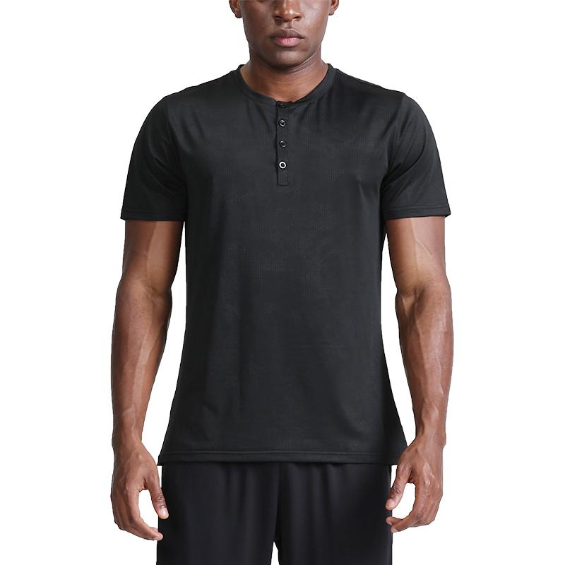 

Мужская модная эластичная футболка, летние спортивные топы для фитнеса, жаккардовые пуговицы с круглым вырезом и средней горловиной