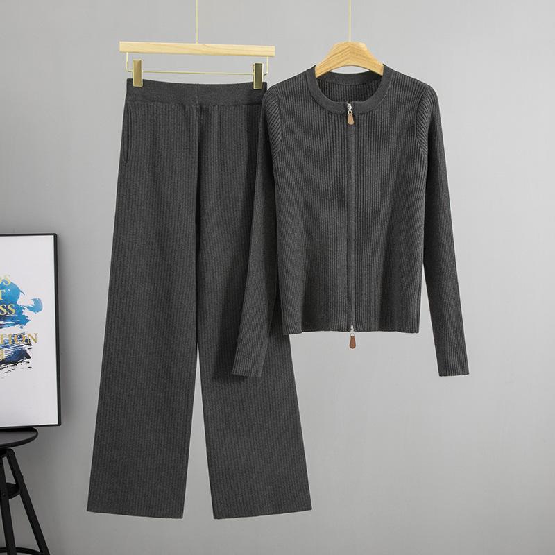 

Новый модный комплект для женщин на весну и осень: Однотонный вязаный кардиган с круглым вырезом и двойной молнией, универсальные брюки широкого кроя, комплект из двух предметов One size темно-серого