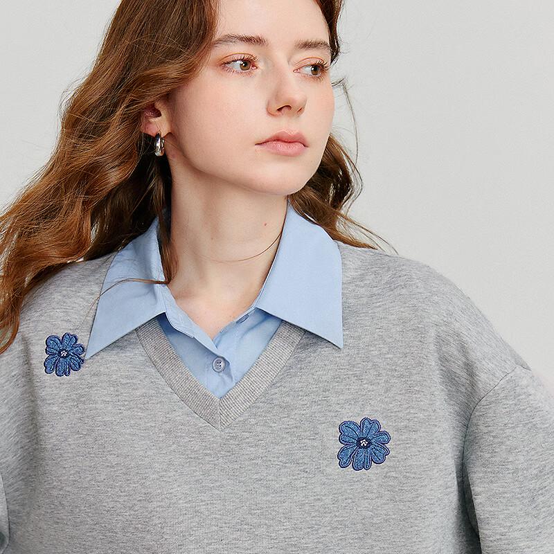Chuyu Damen Faux Zweiteiliges Denim Blumen Sweatshirt
