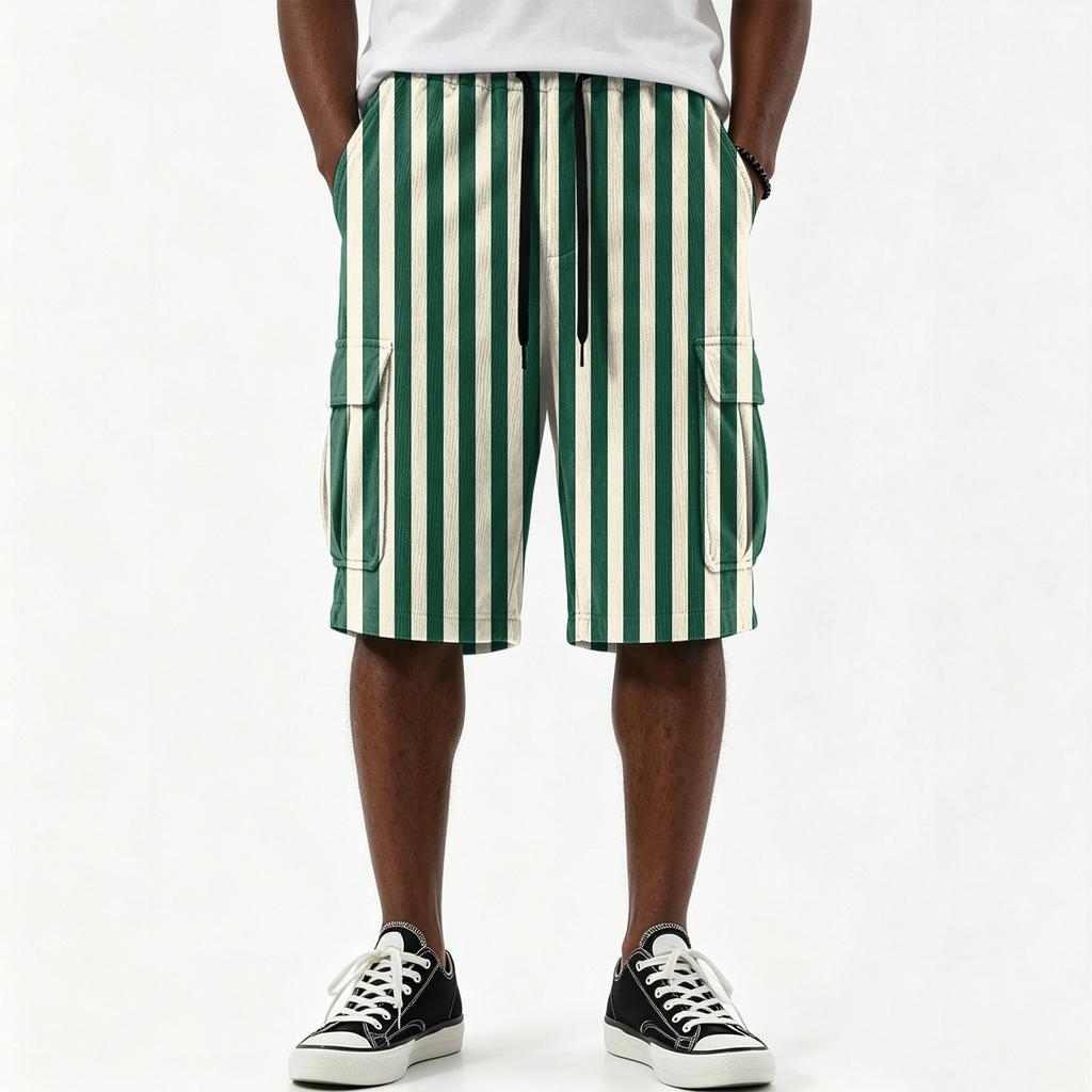 Men's Casual Striped Print Drawstring Shorts with Multiple Pockets Knee Length