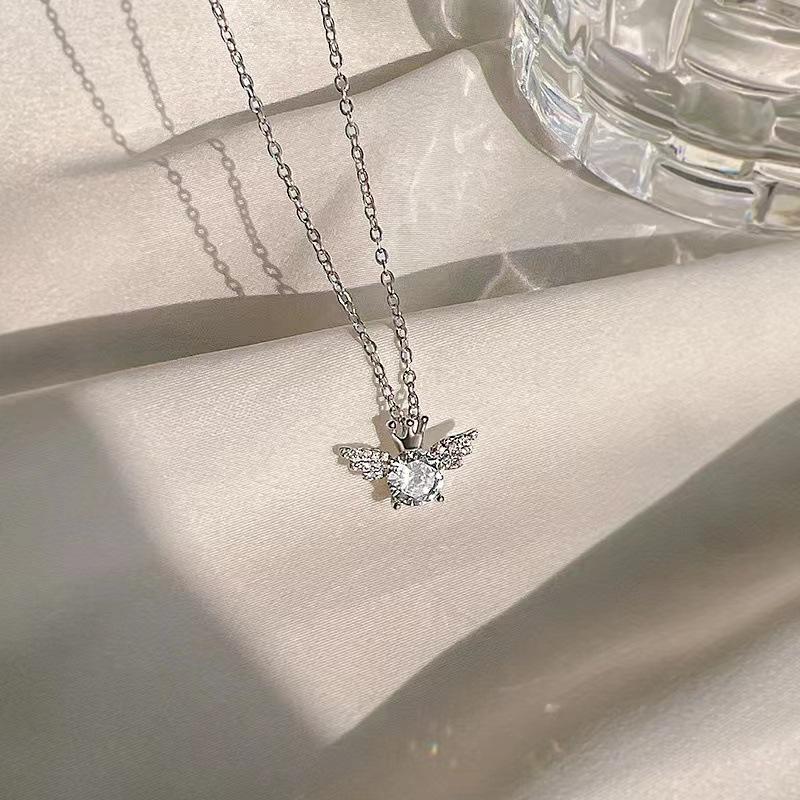Exquisite S925 Sterling Silver Angel Wings Crown Pendant Necklace with Shiny Zircon and Rhinestones