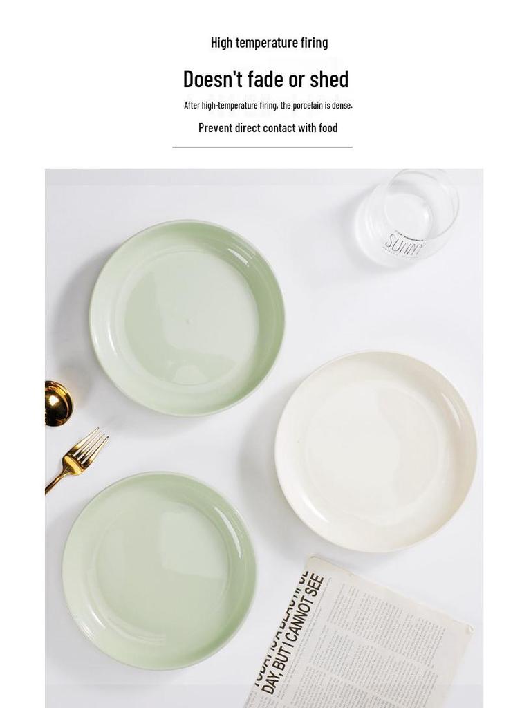 Milky White & Green Ceramic Deep Soup Plate, Microwaveable - Creative Round Tableware.