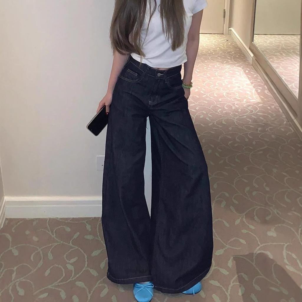 Damskie Prane Retro Dżinsy z Wysokim Stanem i Szerokimi Nogawkami – Amerykański Styl High Street, Luźny Krój, Spodnie Długie do Podłogi