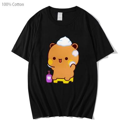 Mochi Panda and Brownie Bear Enjoying The Bath Shirt Cute Dudu and Bubu Couple T-Shirts 100%Cotton Summer Clothes Men Women