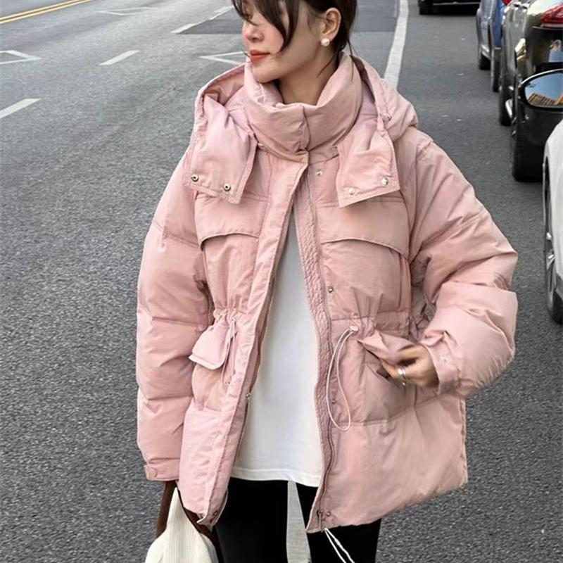 Women's Autumn Winter Down Jacket Short Hooded Single Breasted Loose Adjustable Waist Straight Tube White Duck Down Coat
