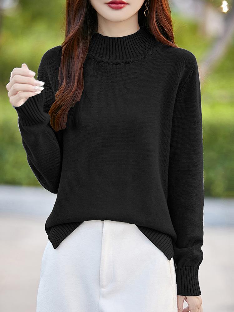 Women's Pure Cotton High-Collar Sweater, Autumn-Winter 2024: Thick Solid Color Knit with Slits, Versatile Base Layer.