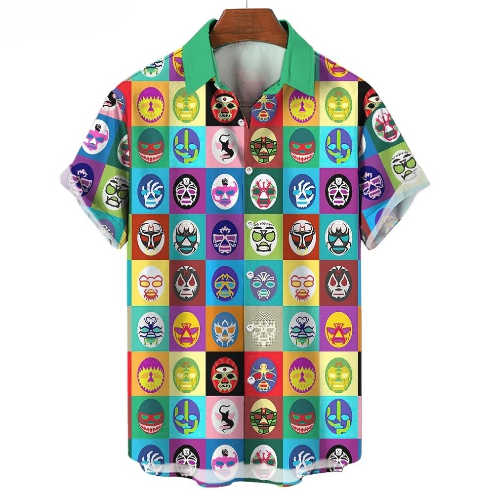 Camisa de Hombre con Estampado de Máscara 3D Verano Lucha Libre Camisa de Manga Corta Casual Camisa Hawaiana para Hombre Ropa Holgada Lucha Libre Mexicana