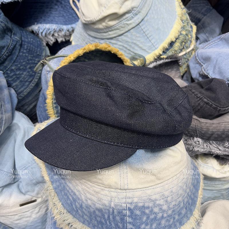 Flat top casual denim cap showing face small newsboy octagonal hat fashion shopping beret children shading trend