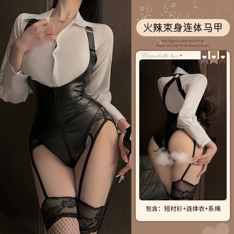 Sexy Lingerie Sexy Straps OL Secretary Suit One-piece Hottie Patent Leather Instructor Uniform Seduction Woman
