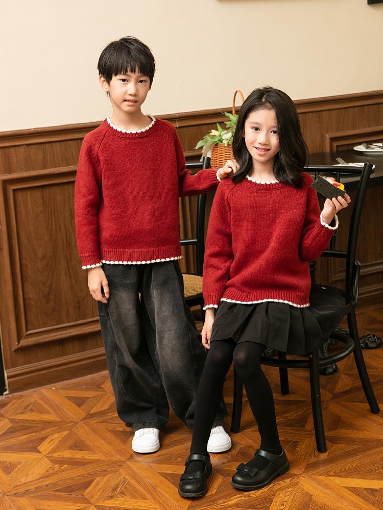 2025 Knit Red Family Sweater: Thickened Round Neck Pullover for Parent-Child, Couples & Casual Wear