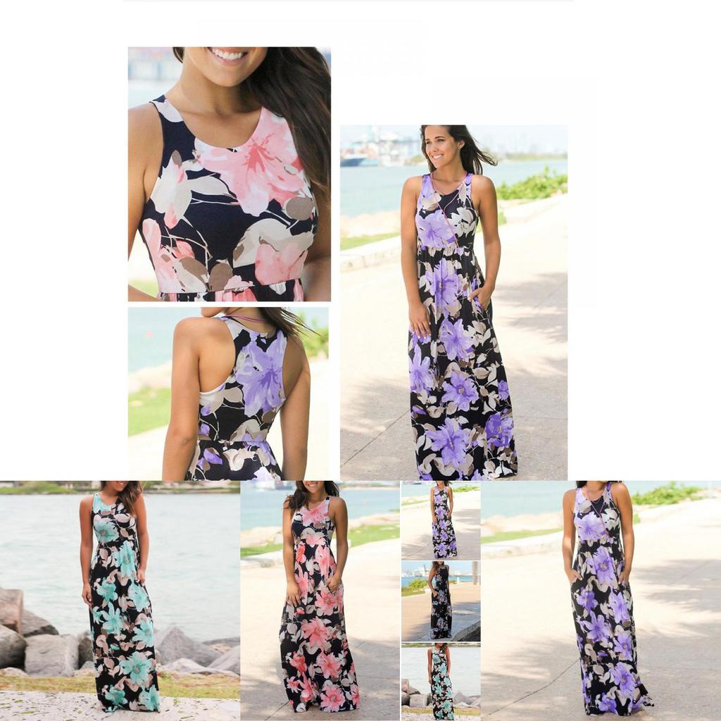 Sommer Damen Elegant Lässig Ärmellos Floral Bedruckt Strandkleid Lang Sommerkleid