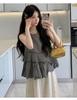 2026 Summer Plaid Sleeveless Maternity Top & Apricot Hollow-Out Skirt Set
