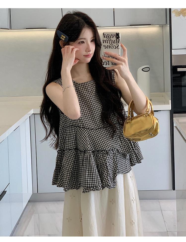 2026 Summer Plaid Sleeveless Maternity Top & Apricot Hollow-Out Skirt Set