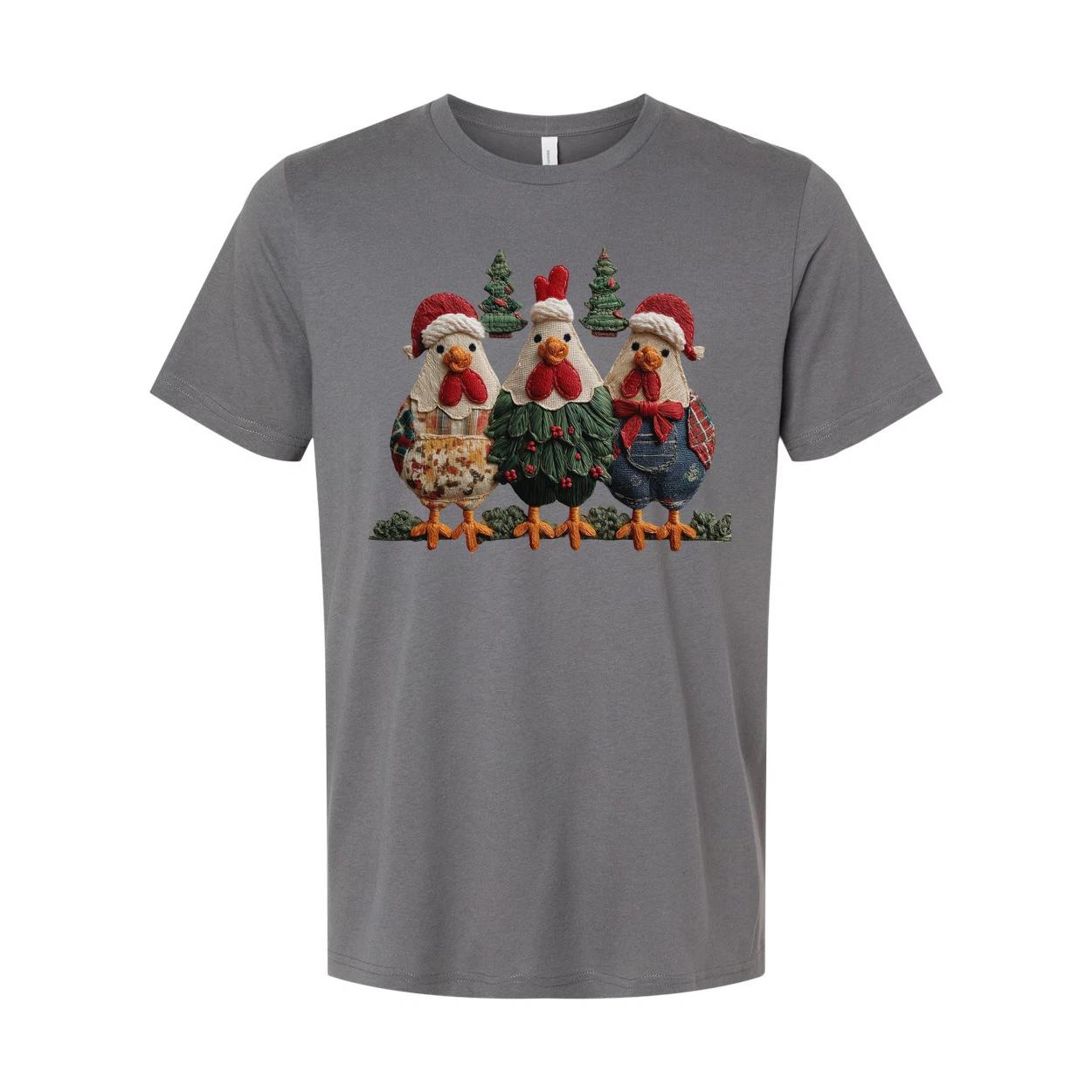 

Three Christmas Chickens T Shirt With Santa Hats And Christmas Trees Design Holi S