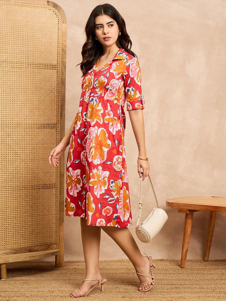 Red Floral Print A-Line Dress