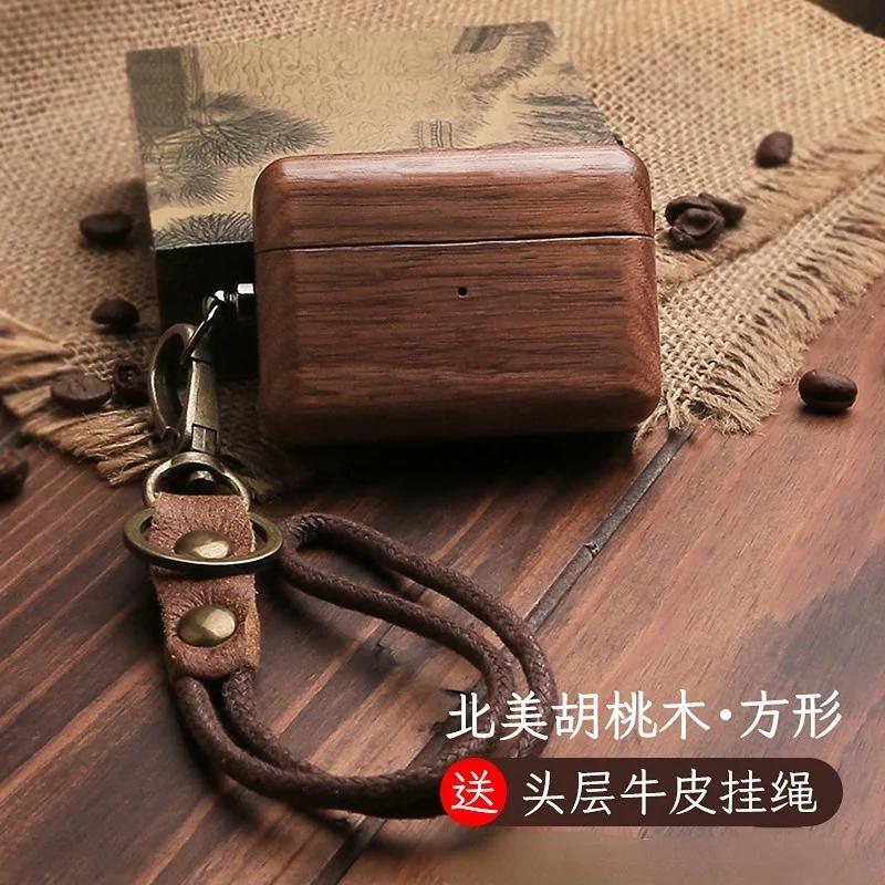 Luxury Solid Wood Earphone Case For AirPods Pro 3 Pro2 Protective Cover For AirPods 1/2/3/4 Shell+Wrist Strap Cowhide Lanyard
