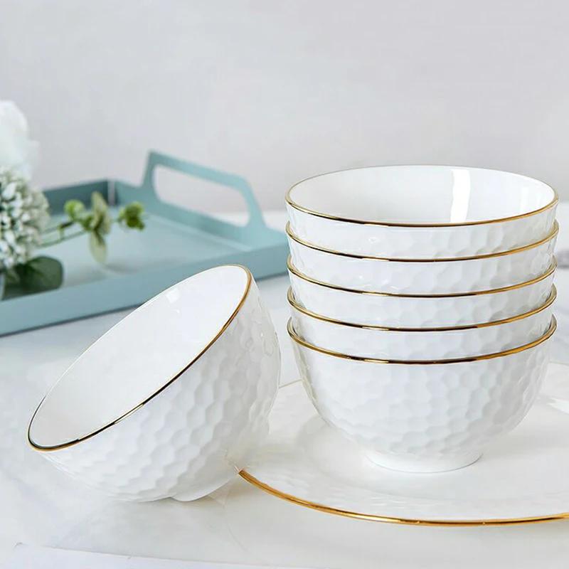 4Pcs Set Ramen Bowl Set Phnom Penh Embossed Rice Bowl High-quality Bone China 6 Inch Noodle Dinner Plate Set Ceramic Dinnerware