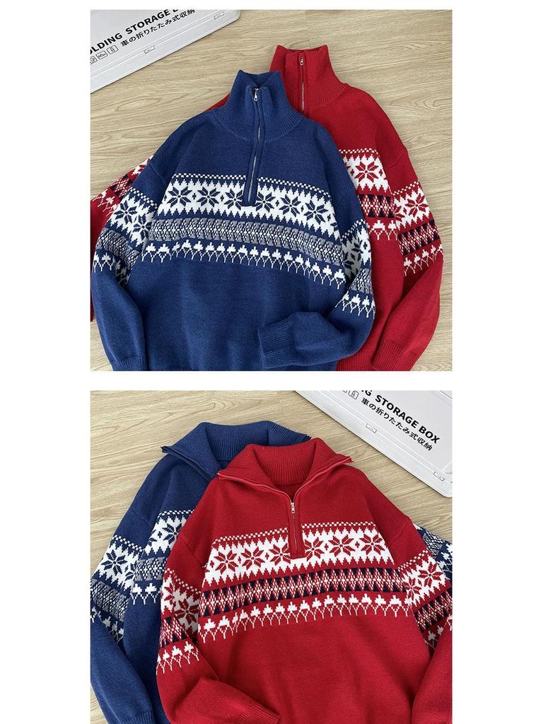 Men's Retro High Neck Knit Sweater - Warm, Loose, Half-Zip for Autumn & Winter