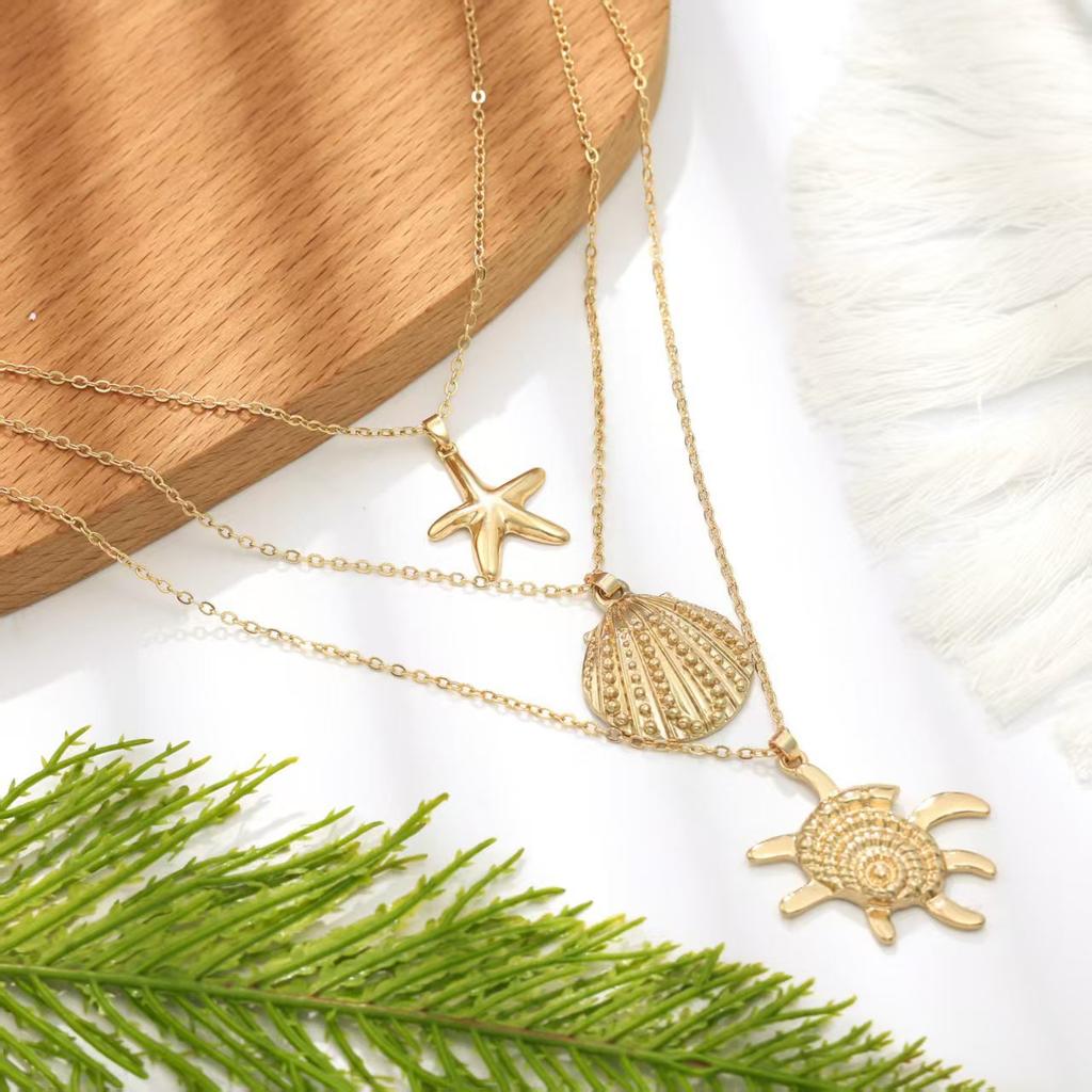 Fashion, Literary and Holiday Style, Metal Double-layer Marine Life Pendant Necklace, Daily Travel Wear