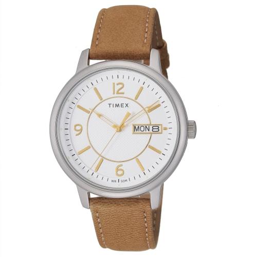 

TIMEX Chicago Day Date Watch, 45mm, Men s, Brown, with a White Dial, Brass, Mineral Glass, and Japanese Quartz Movement, Model TW2V28900