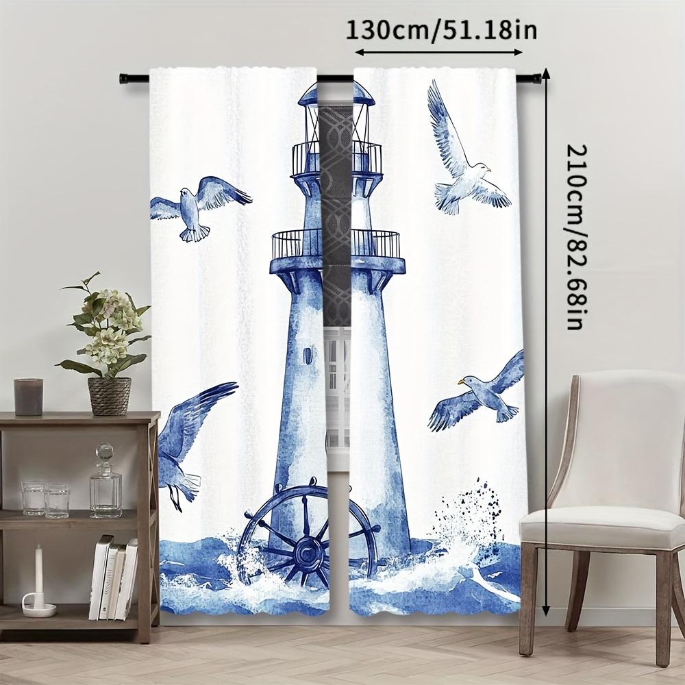 2Pcs Nautical Lighthouse Watercolor Gull Anchor Theme Polyester Curtains, Contemporary Style, All-Season, Machine Washable, Deco