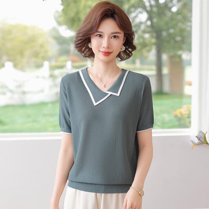 

Mom s Summer Short-Sleeve Lapel Blouse for Middle-Aged Women - Fashionable, Age-Reducing, Lightweight Top 3XL (140-160 jin)