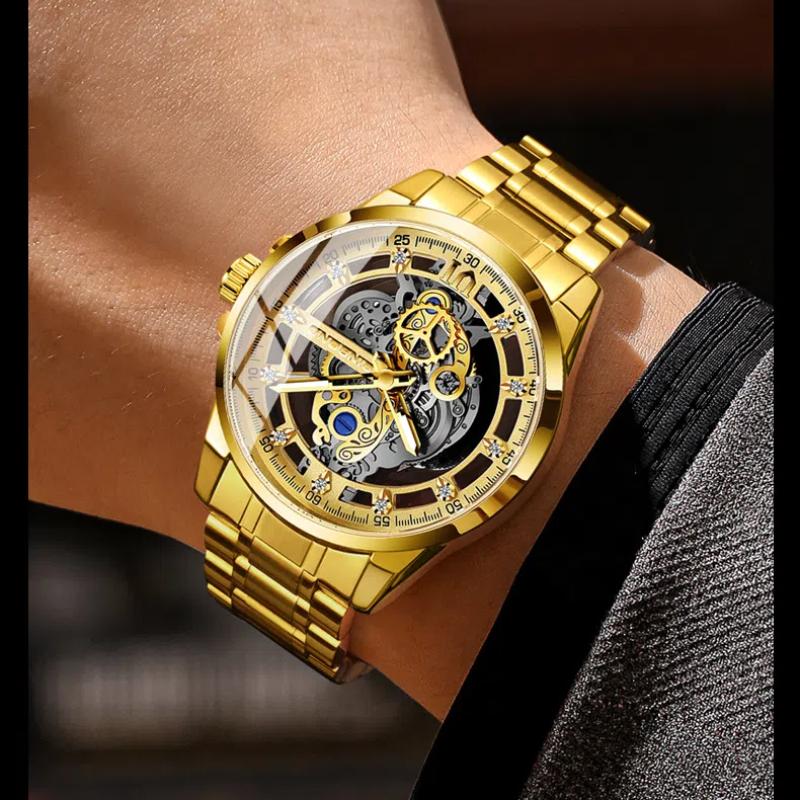 BINBOND Neue Herrenuhr, authentischer Luxus, trendige, ausgehöhlte, leuchtende, wasserdichte Quarzuhr aus Edelstahl/Leder