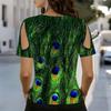Damen V-Ausschnitt Cold Shoulder Bluse Regenbogen Abstrakt Schmetterling Ölgemälde Druck Kurzarm Top