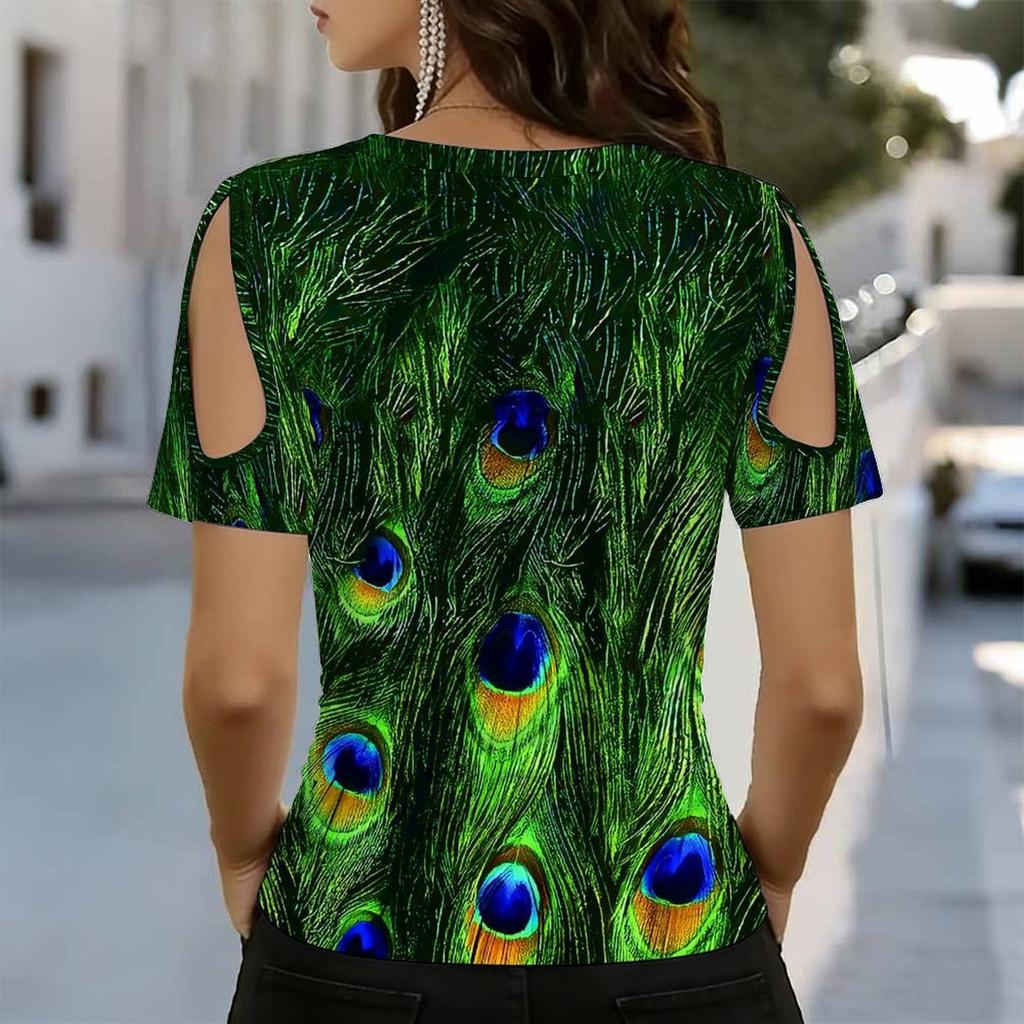 Damen V-Ausschnitt Cold Shoulder Bluse Regenbogen Abstrakt Schmetterling Ölgemälde Druck Kurzarm Top