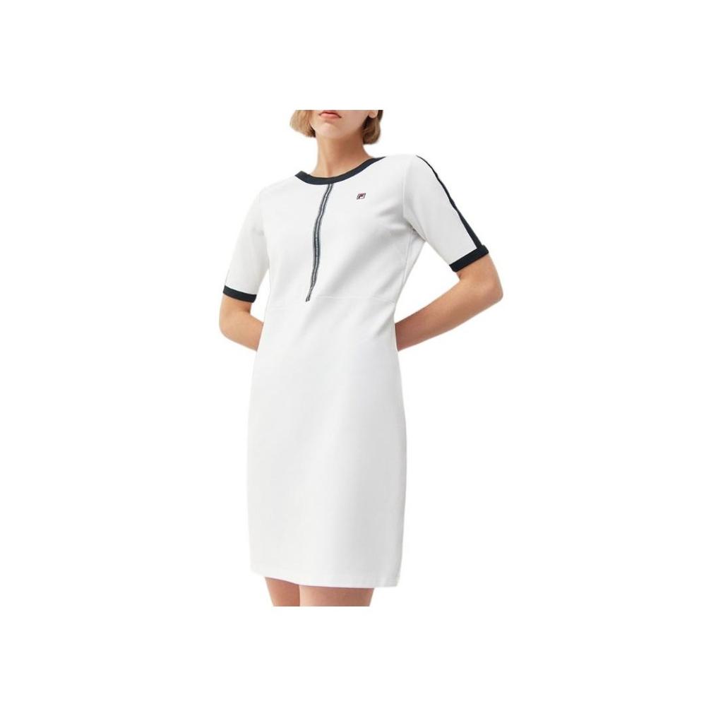 Fila Embroidered Logo Color Block Sports Casual Short Sleeve Dress Women Dresses White F11W111314F-WT