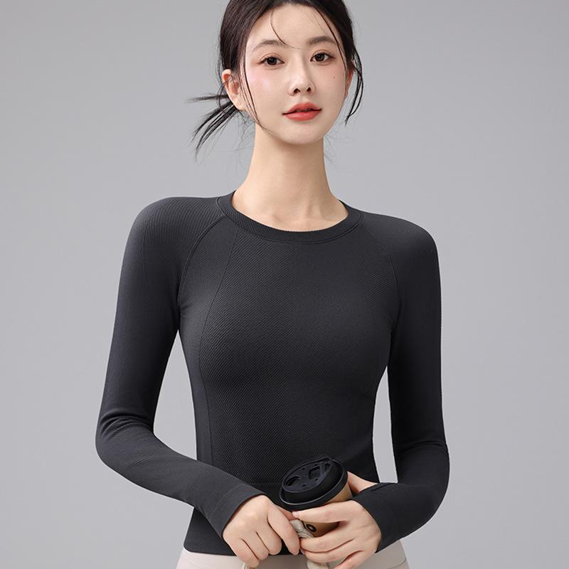 Women's Seamless Slimming Round Neck Long Sleeve Yoga Top - Breathable, Waist-Cinching Fitness Wear for Autumn and Winter
