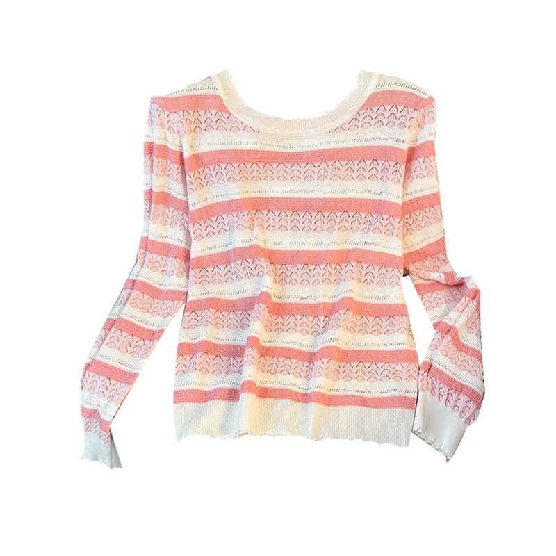 Sweet Color-blocking Striped, Cut-out and Crocheted Long-sleeved Knitted Sweater, A Fashionable, Youthful, Loose and Versatile Top for Women In Autumn