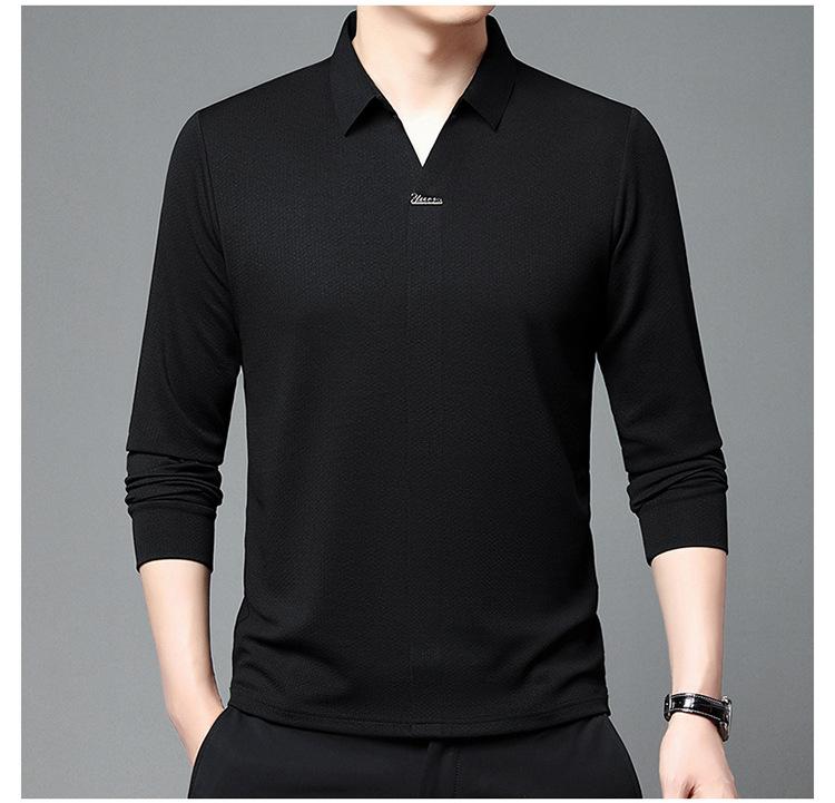 

Футболка-пуловер с вырезом-ножницами, мужская футболка-поло с длинными рукавами и V-образным вырезом, эластичная тоновая футболка-поло из ледяного шелка с лацканами 4XL чёрный