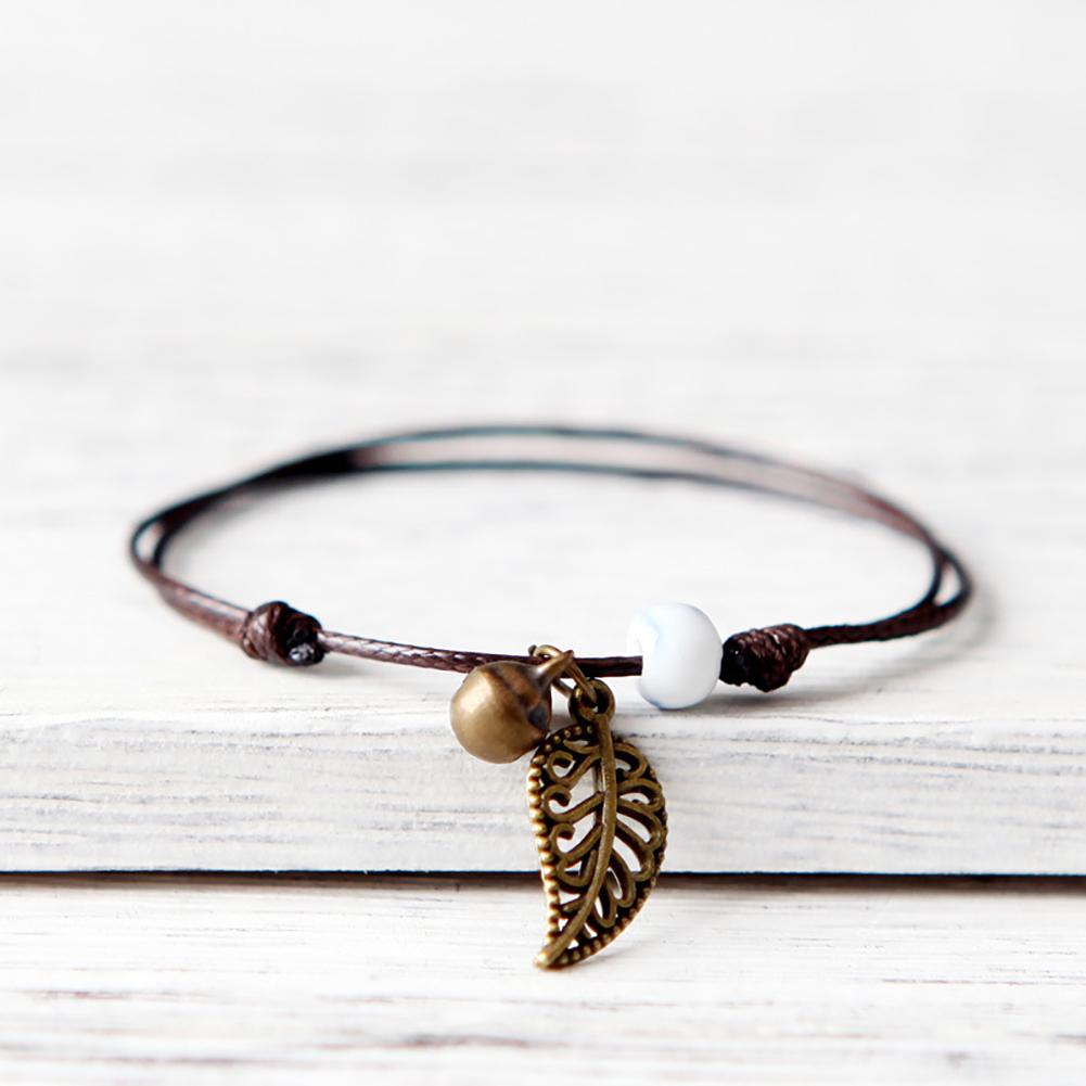 Ceramic Beaded Bracelet Bangle Rope Chain Vintage Leaf Pendant Couple Jewelry