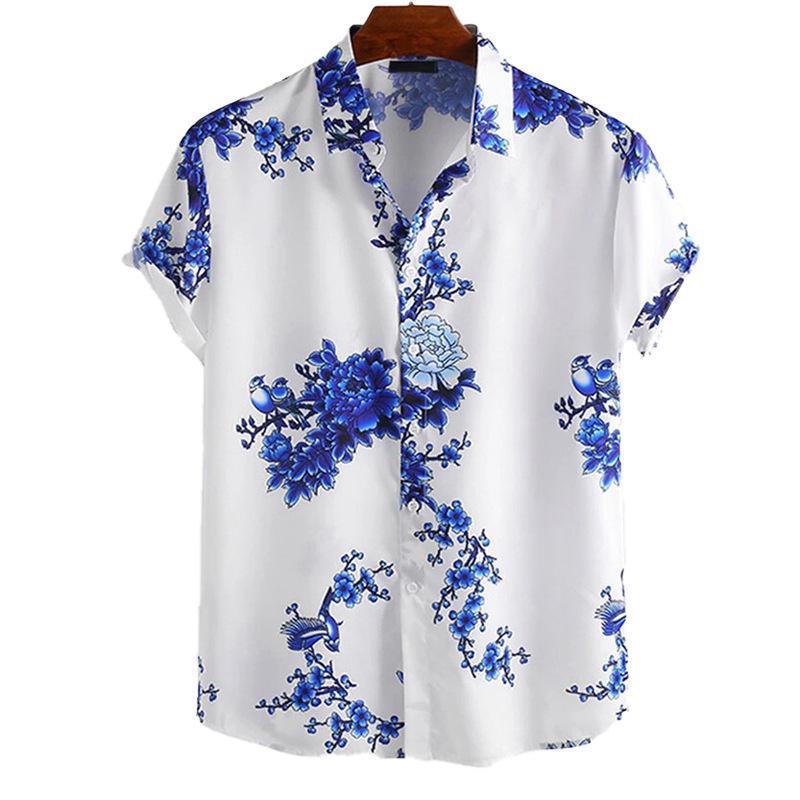 Herren Hemd mit Kragen, lässig, mit Tuschemalerei-Pflaumenblüten-Print, kurzärmlig, für den Strand - Sommerkollektion 2024 Südostasien, Europa und Amerika