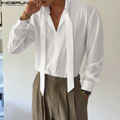 Men Turn Down Collar Lace-up Long Sleeve Tops Buttons Casual Shirts