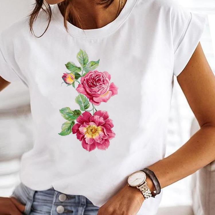 Women's Short-sleeved T-shirt, Fashionable Flower Print Bottoming Shirt