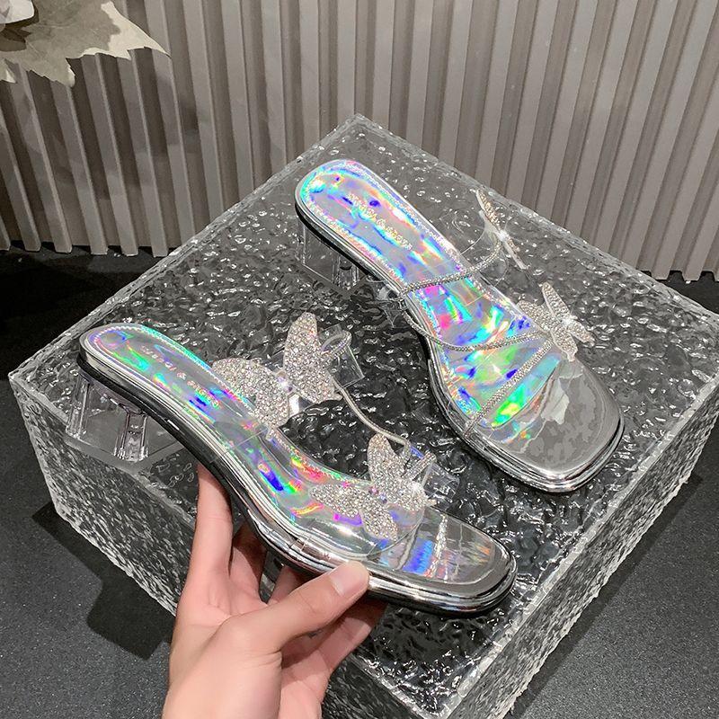Transparent temperament cool slippers women's 2025 summer new with skirt beautiful high heel bow rhinestone fairy sandals