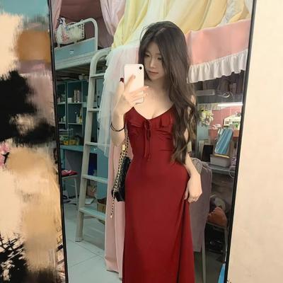 Red Gentle Backless Suspender Dress Women's Clothing Xia Chun Wants the Wind Sexy Medium and Long Waist Slim A-word Skirt