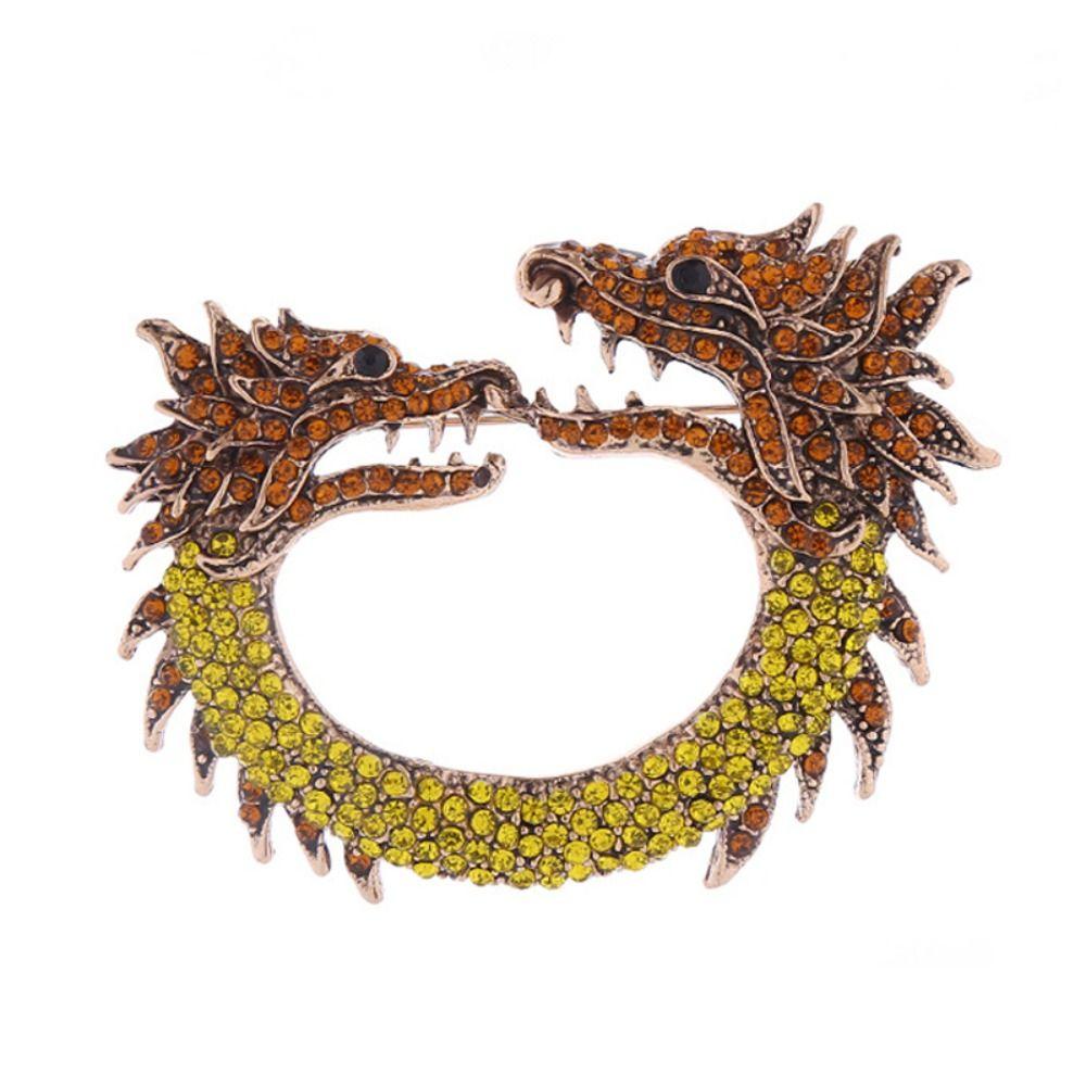 Rhinestone Chinese Loong Brooch Aesthetic Double Head Dragon Badge Zodiac Dragon Pin  Trousers
